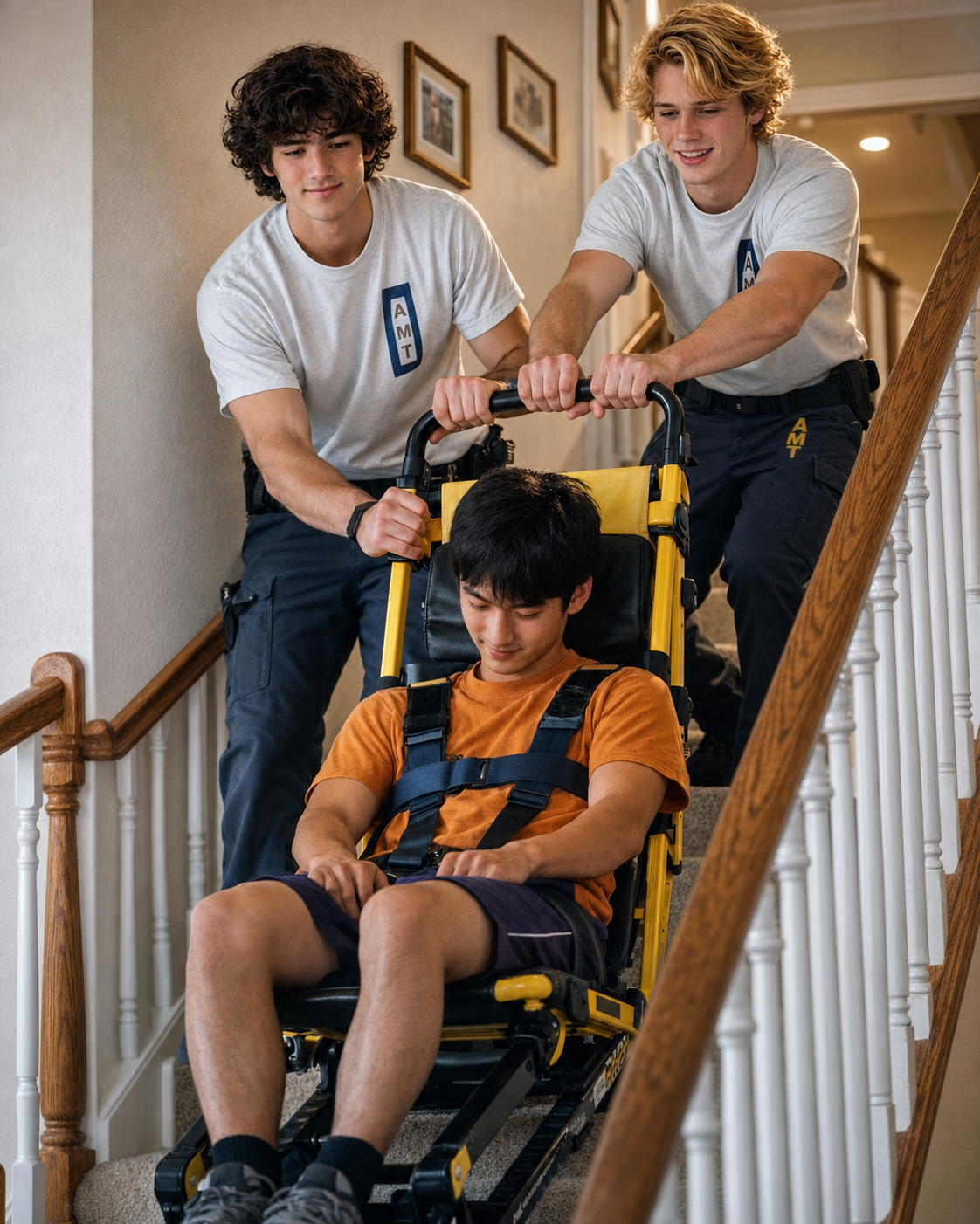 AMT attendants supporting a client with a stair chair