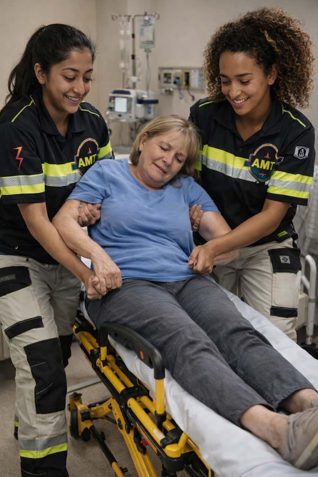 AMT attendants supporting a client on a stretcher