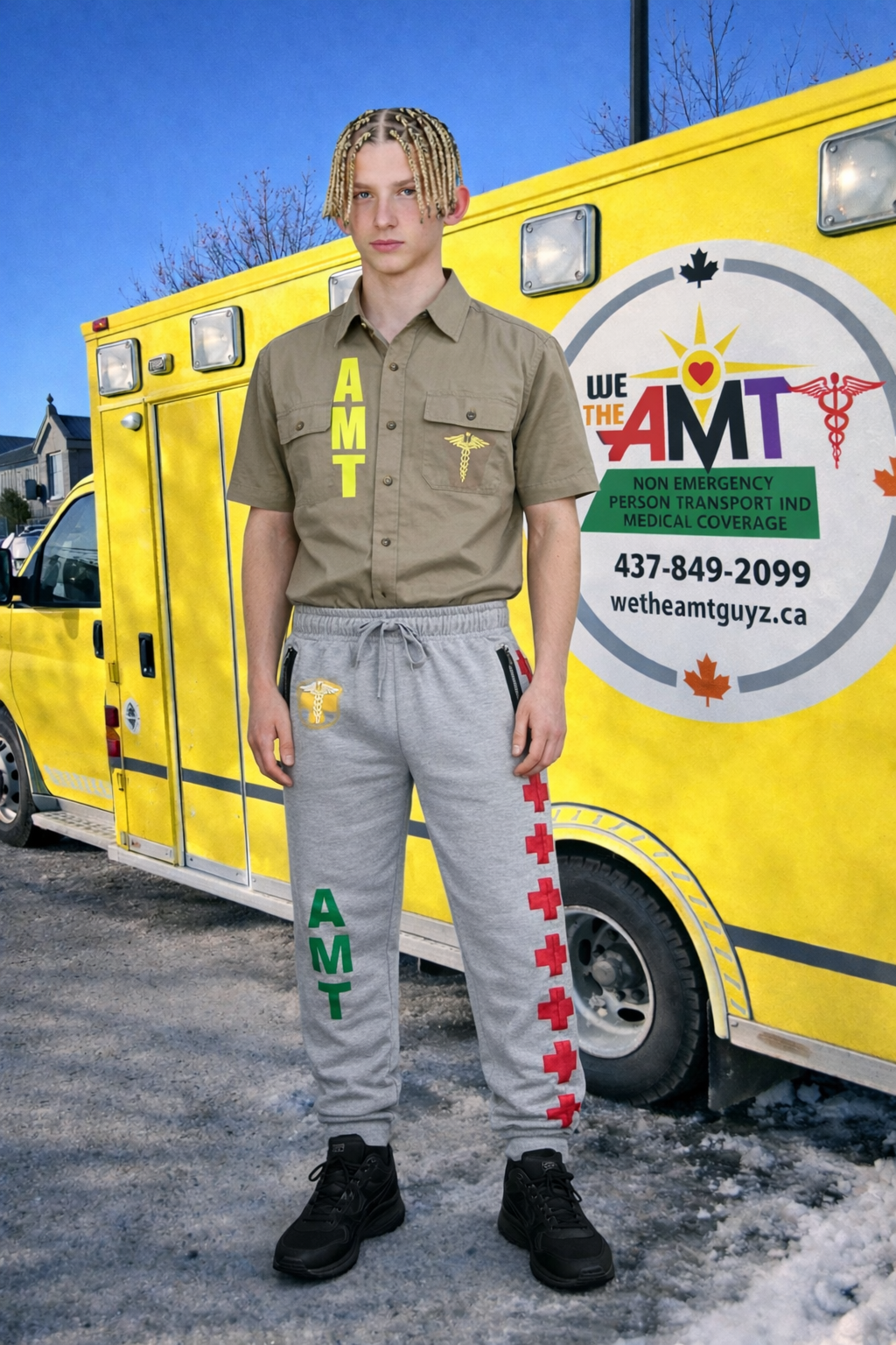 AMT GUYZ attendant standing with the yellow AMT vehicle