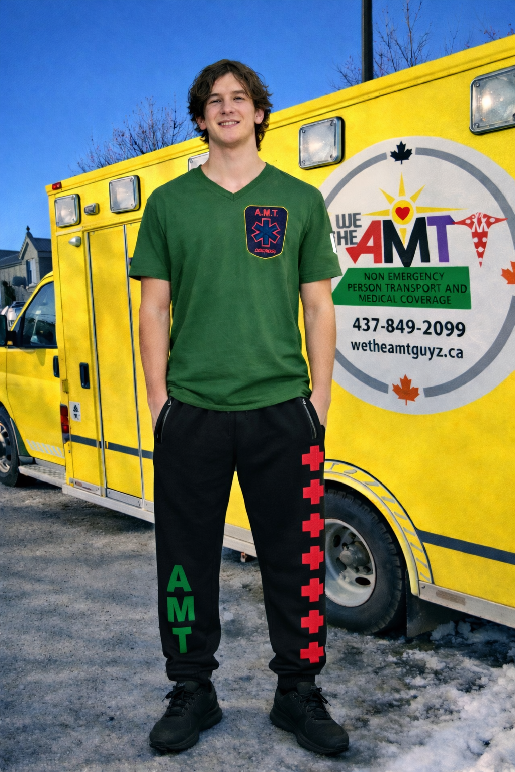 AMT GUYZ attendant standing with the yellow AMT vehicle