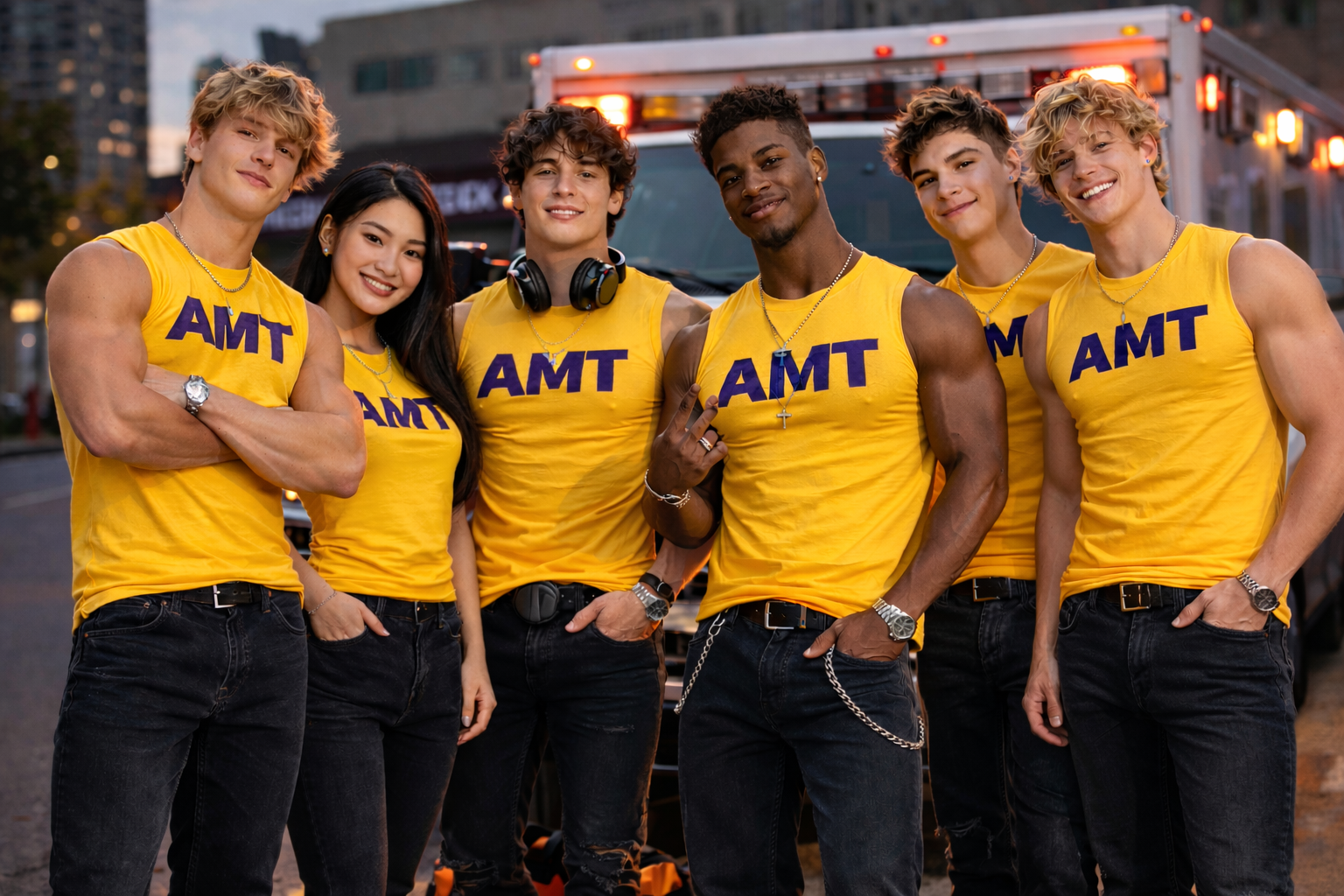 AMT GUYZ team in yellow uniforms in front of an ambulance