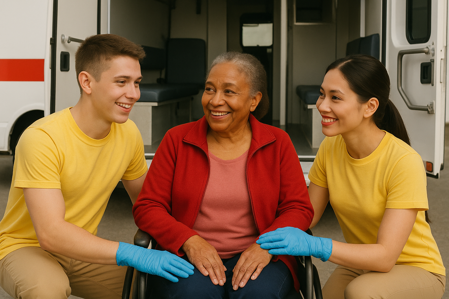 AMT attendants with a patient at the transport vehicle