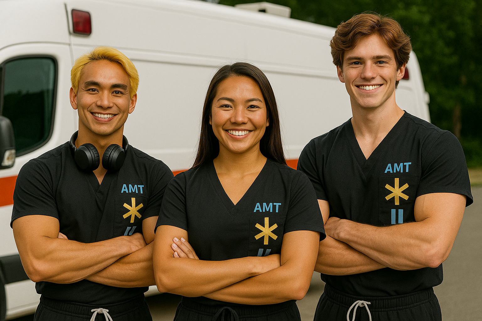 The AMT Guys crew standing with their patient transport vehicle