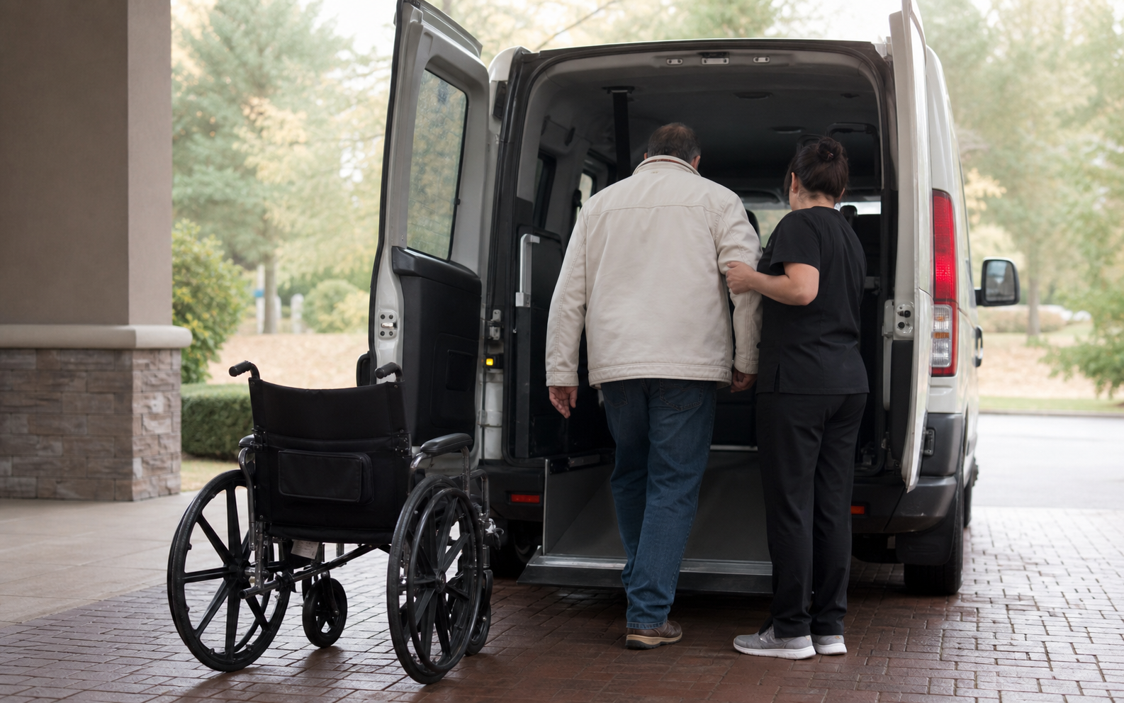 Attendant assisting a client into transport